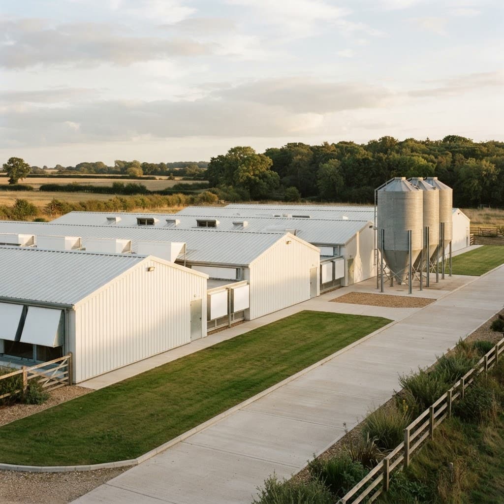Modern poultry farm exterior with feed silos