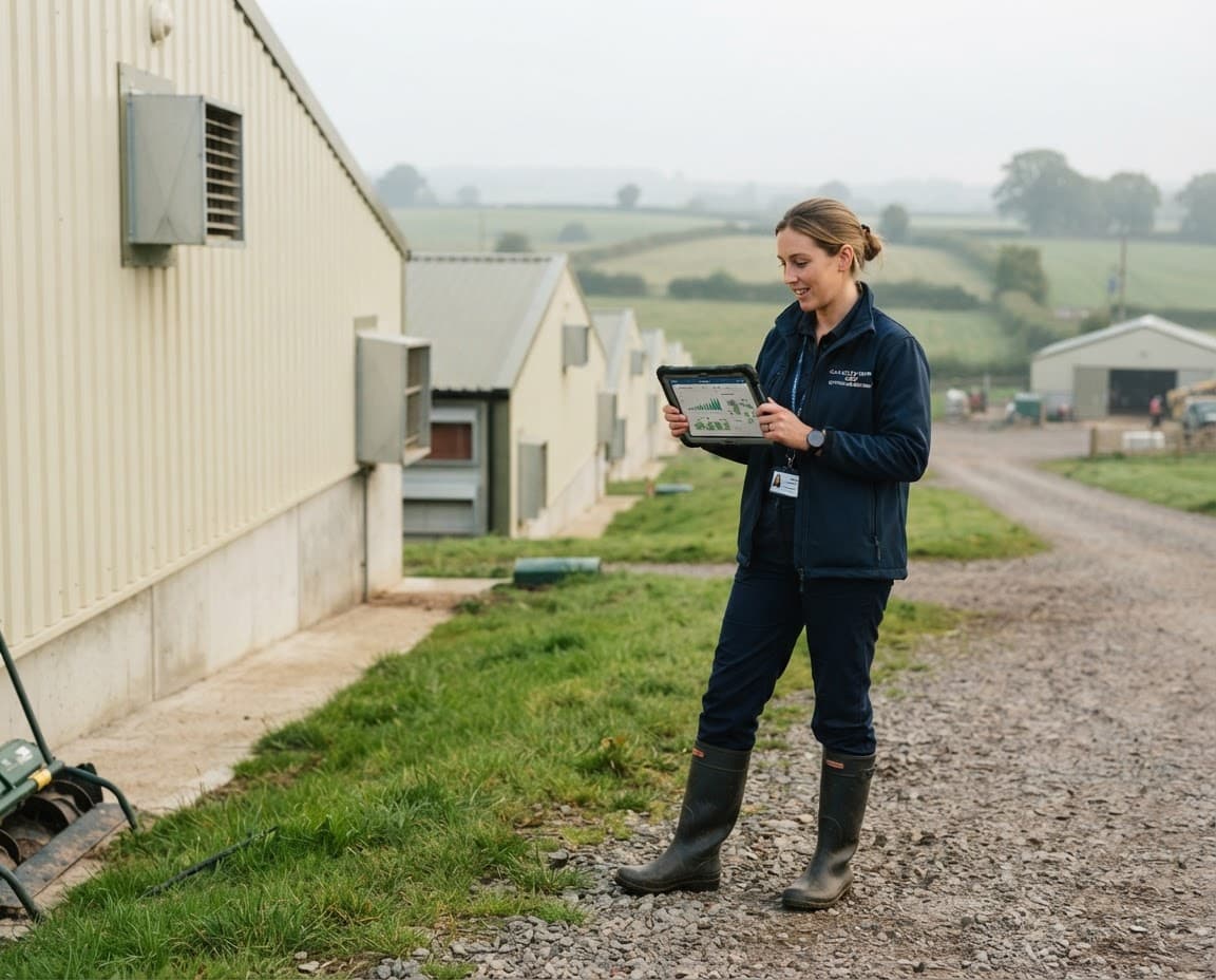 Farmer standing beside a poultry house
