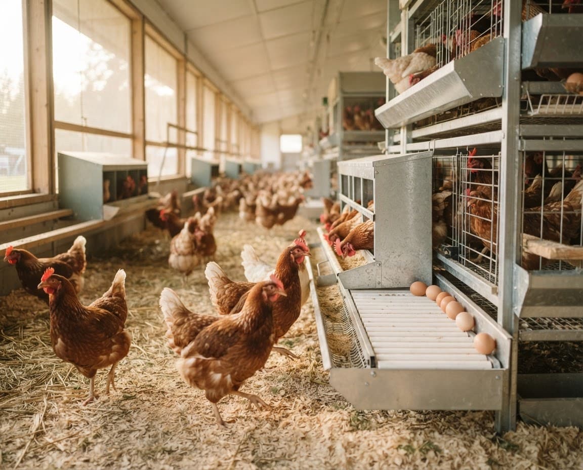 Hens inside a well-lit poultry house