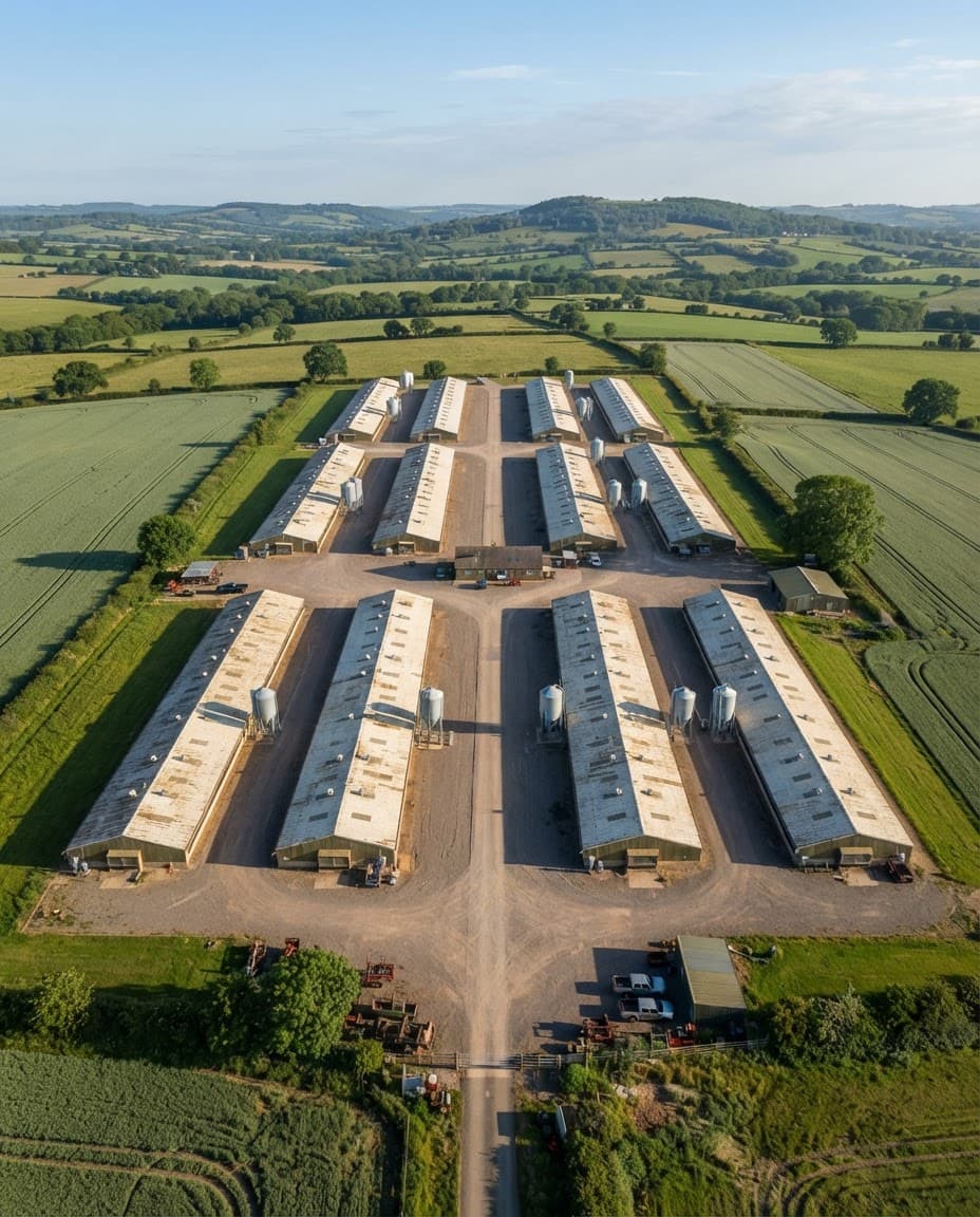 Aerial view of poultry houses across farmland